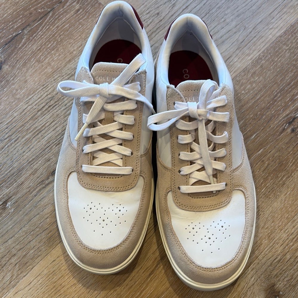 Cole Haan White and Tan Sneakers with Retro Design and Perforated Toe Box